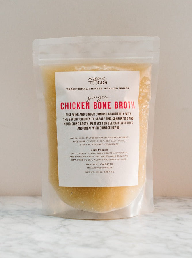 frozen, ginger chicken bone broth 16 ounce pouch